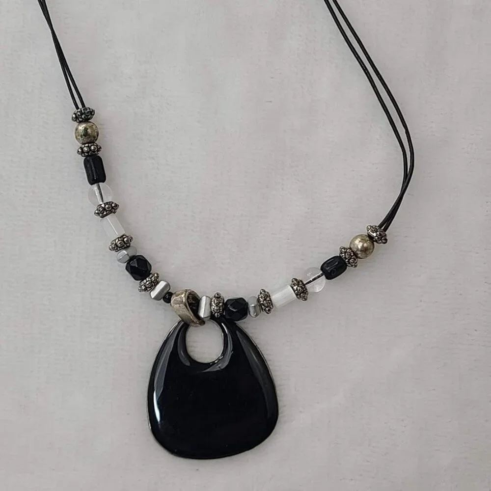 Beaded Black Pendant Statement Necklace  Adjustable Chain Silver-Tone Accents - Picture 11 of 11